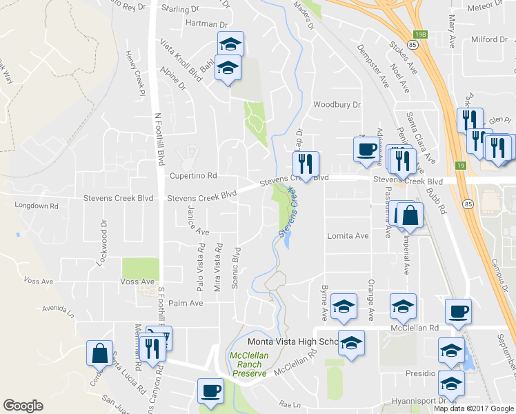 map of restaurants, bars, coffee shops, grocery stores, and more near 10101 Scenic Boulevard in Cupertino