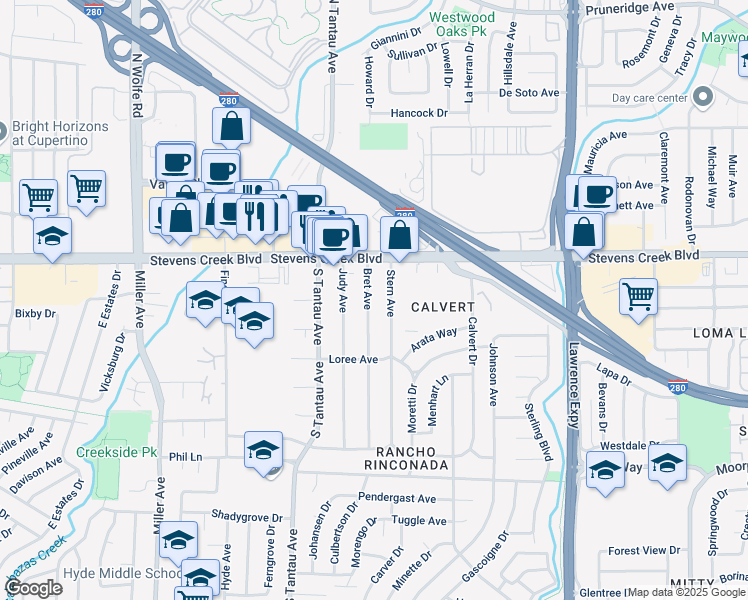 map of restaurants, bars, coffee shops, grocery stores, and more near 10094 Bret Avenue in Cupertino