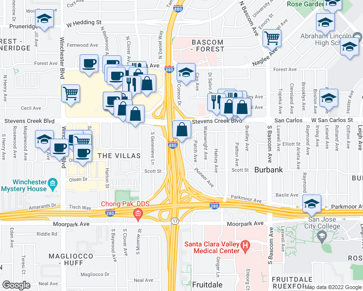 map of restaurants, bars, coffee shops, grocery stores, and more near 415 Hodges Avenue in San Jose