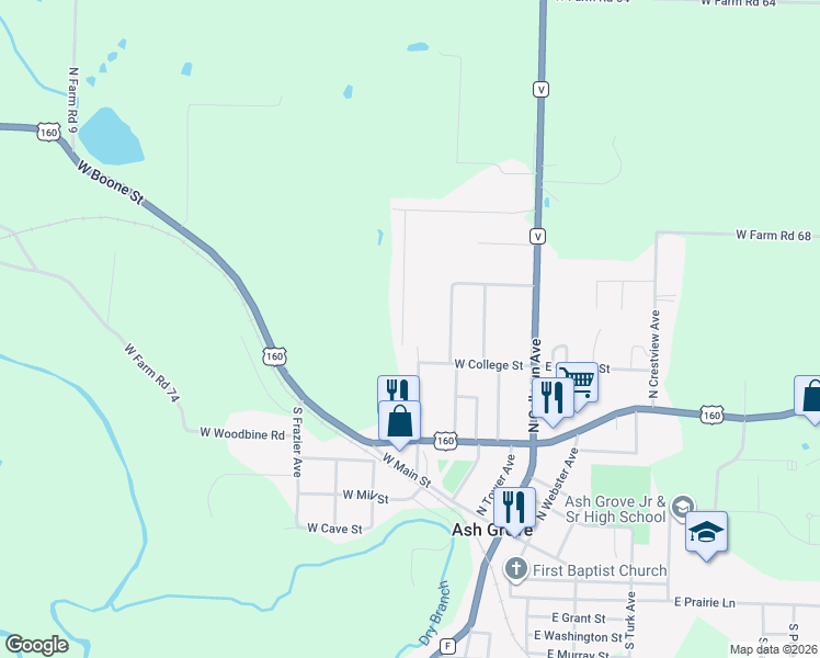 map of restaurants, bars, coffee shops, grocery stores, and more near 402 Coyote Pass in Ash Grove