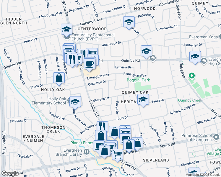 map of restaurants, bars, coffee shops, grocery stores, and more near 2906 Whittington Drive in San Jose