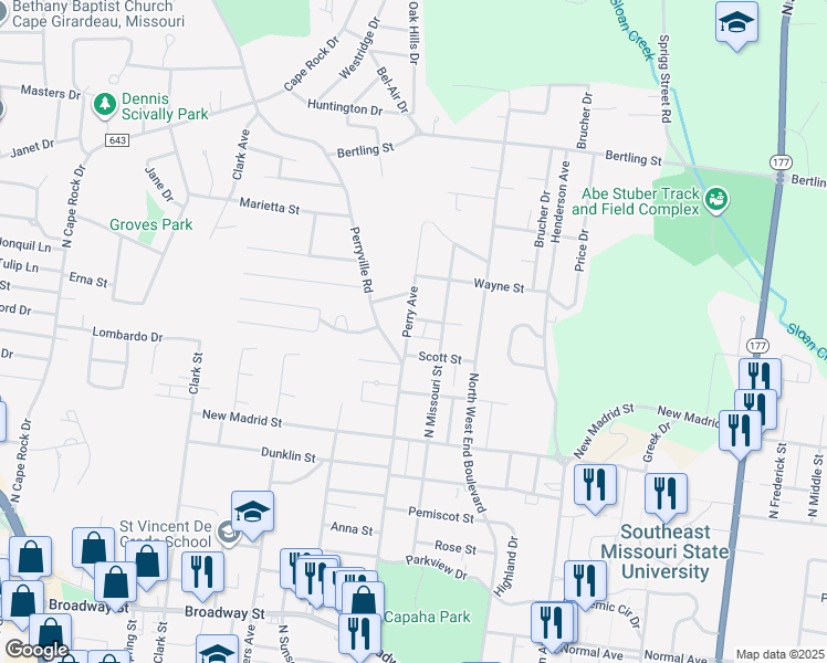 map of restaurants, bars, coffee shops, grocery stores, and more near 1208 Perry Avenue in Cape Girardeau