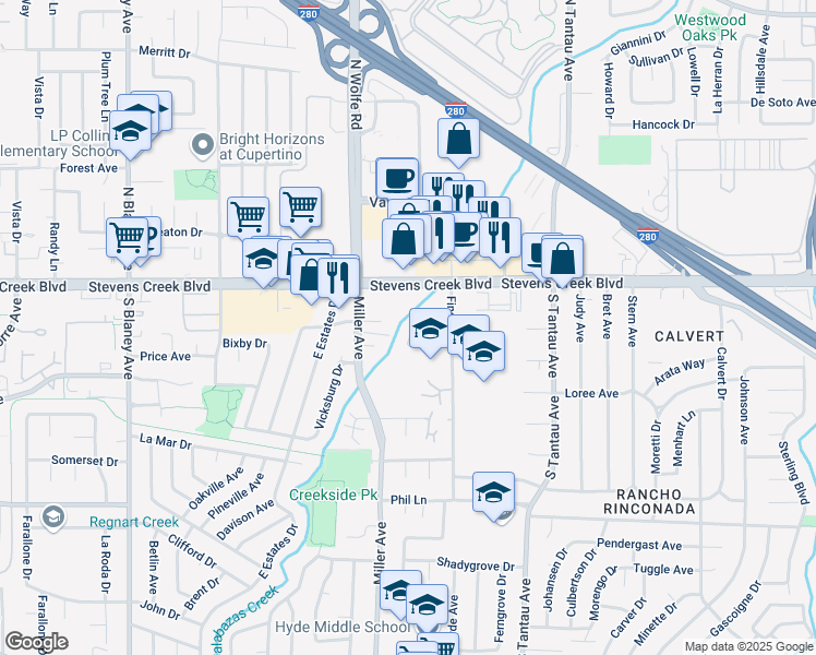 map of restaurants, bars, coffee shops, grocery stores, and more near 10100 Craft Drive in Cupertino