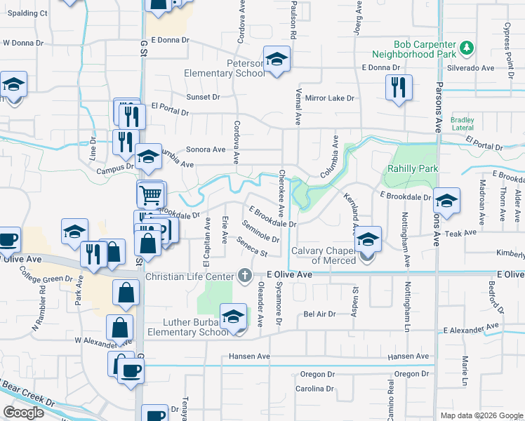 map of restaurants, bars, coffee shops, grocery stores, and more near 745 East Brookdale Drive in Merced