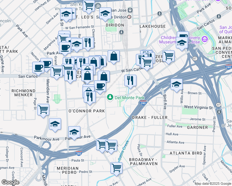 map of restaurants, bars, coffee shops, grocery stores, and more near 809 Auzerais Avenue in San Jose