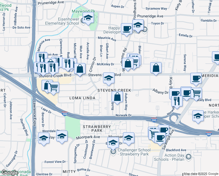 map of restaurants, bars, coffee shops, grocery stores, and more near 4643 Albany Drive in San Jose