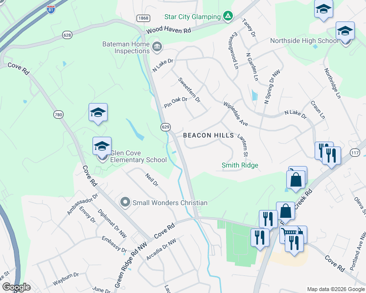 map of restaurants, bars, coffee shops, grocery stores, and more near 5552 Lamplighter Drive in Roanoke