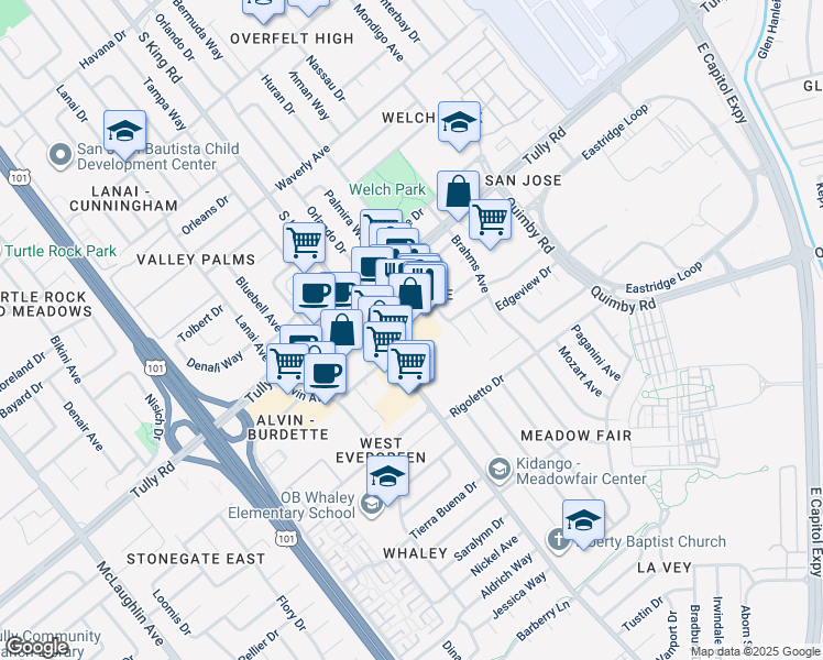map of restaurants, bars, coffee shops, grocery stores, and more near 1714 Tully Road in San Jose