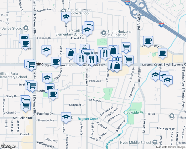 map of restaurants, bars, coffee shops, grocery stores, and more near 10109 Mello Place in Cupertino