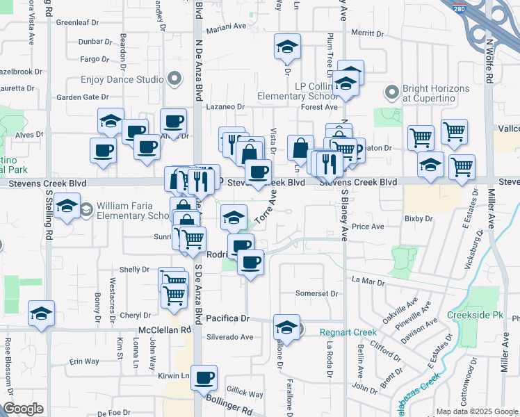 map of restaurants, bars, coffee shops, grocery stores, and more near 20330 Stevens Creek Boulevard in Cupertino