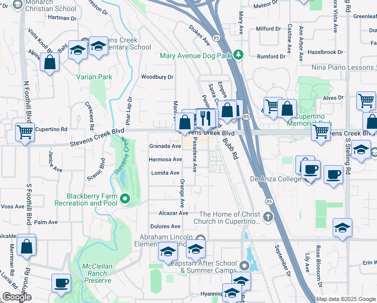 map of restaurants, bars, coffee shops, grocery stores, and more near 21766 Granada Avenue in Cupertino