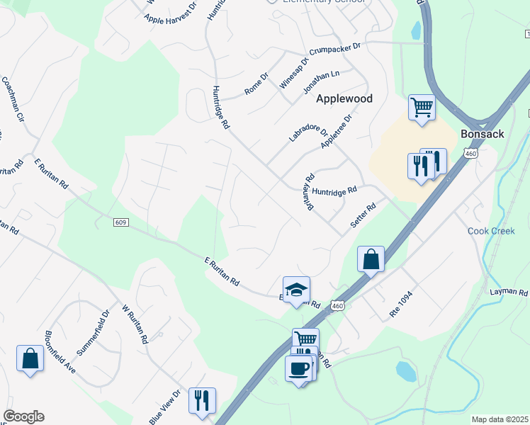 map of restaurants, bars, coffee shops, grocery stores, and more near 4715 Appletree Drive in Roanoke