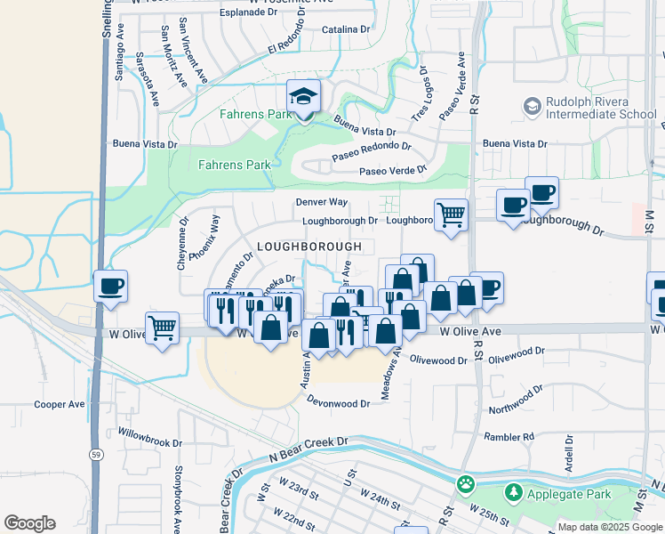 map of restaurants, bars, coffee shops, grocery stores, and more near 3200 Nashville Court in Merced