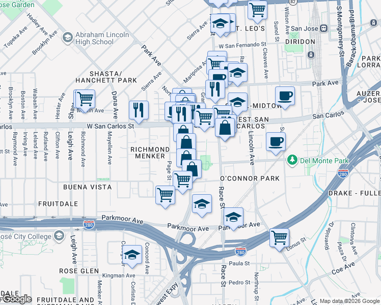 map of restaurants, bars, coffee shops, grocery stores, and more near Meridian Ave & Douglas Ave in San Jose