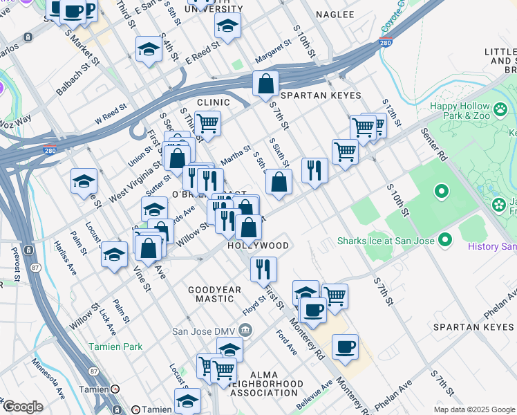 map of restaurants, bars, coffee shops, grocery stores, and more near 1060 South 3rd Street in San Jose