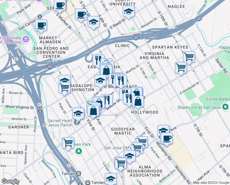 map of restaurants, bars, coffee shops, grocery stores, and more near 957 South 1st Street in San Jose
