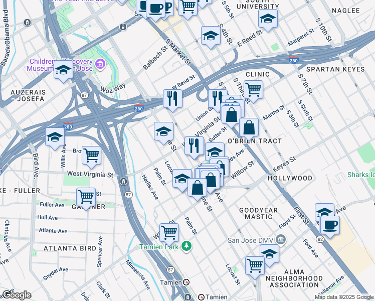 map of restaurants, bars, coffee shops, grocery stores, and more near in San Jose