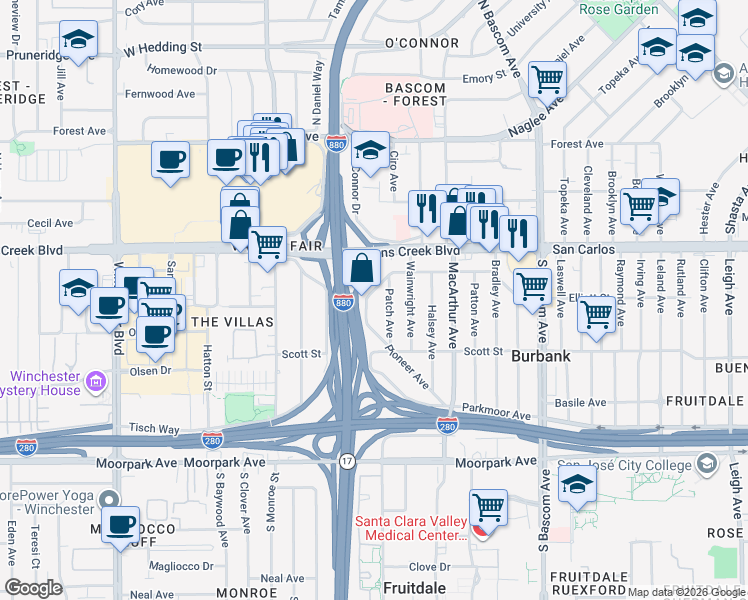 map of restaurants, bars, coffee shops, grocery stores, and more near 415 Hodges Avenue in San Jose