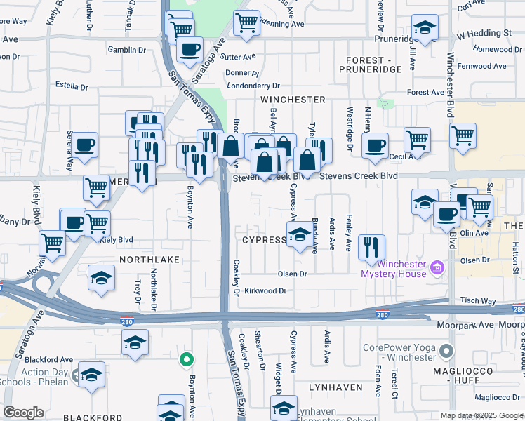 map of restaurants, bars, coffee shops, grocery stores, and more near 3566 Stevens Creek Boulevard in San Jose