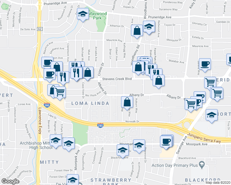 map of restaurants, bars, coffee shops, grocery stores, and more near 4643 Albany Drive in San Jose