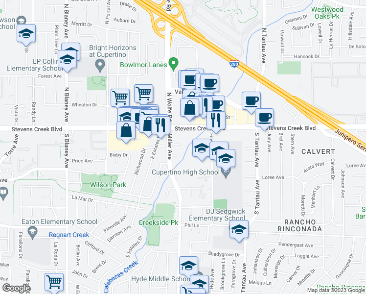 map of restaurants, bars, coffee shops, grocery stores, and more near 19460 Richwood Court in Cupertino