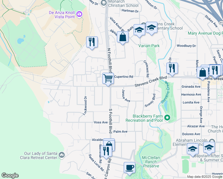 map of restaurants, bars, coffee shops, grocery stores, and more near 210 South Foothill Boulevard in Cupertino