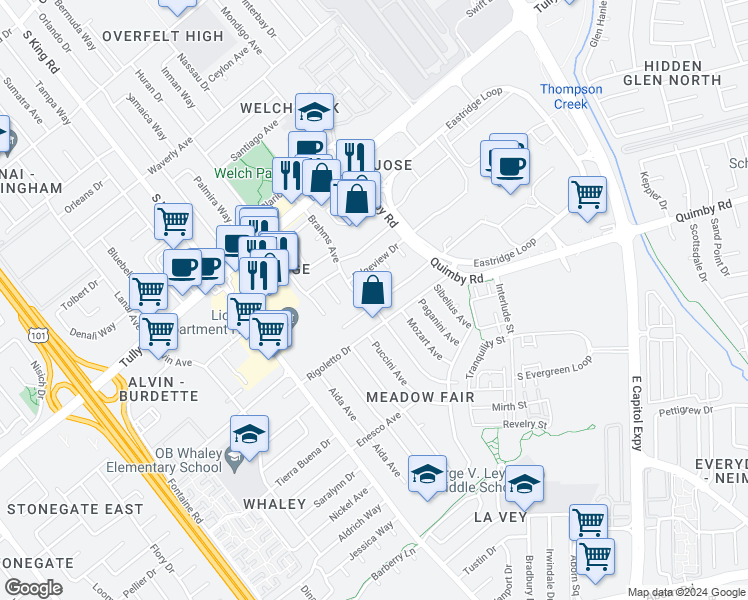 map of restaurants, bars, coffee shops, grocery stores, and more near 2550 Brahms Avenue in San Jose