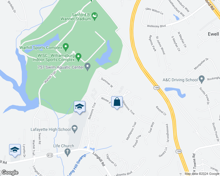 map of restaurants, bars, coffee shops, grocery stores, and more near 729 Autumn Circle in Williamsburg