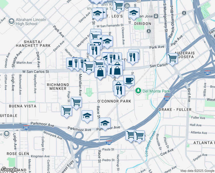 map of restaurants, bars, coffee shops, grocery stores, and more near 1127 Auzerais Avenue in San Jose