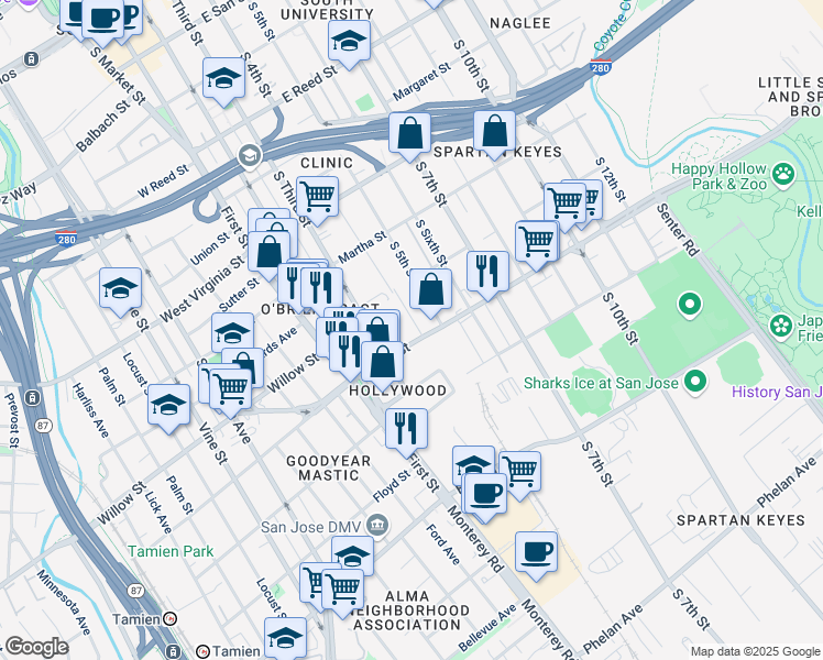 map of restaurants, bars, coffee shops, grocery stores, and more near 145 South 3rd Street in San Jose
