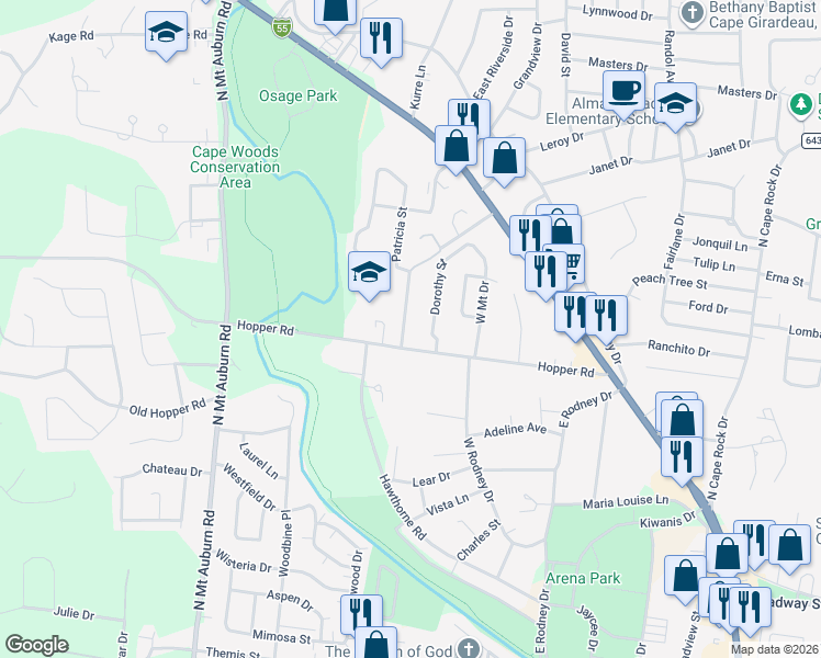 map of restaurants, bars, coffee shops, grocery stores, and more near 1050 Patricia Street in Cape Girardeau