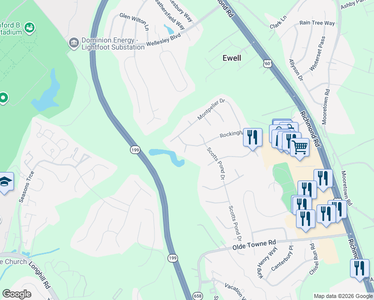 map of restaurants, bars, coffee shops, grocery stores, and more near 5349 Rockingham Drive in Williamsburg