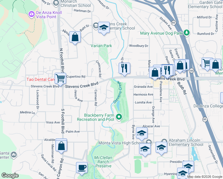 map of restaurants, bars, coffee shops, grocery stores, and more near 22103 Stocklmeir Court in Cupertino