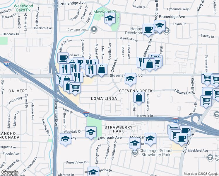 map of restaurants, bars, coffee shops, grocery stores, and more near 4827 Rio Vista Avenue in San Jose