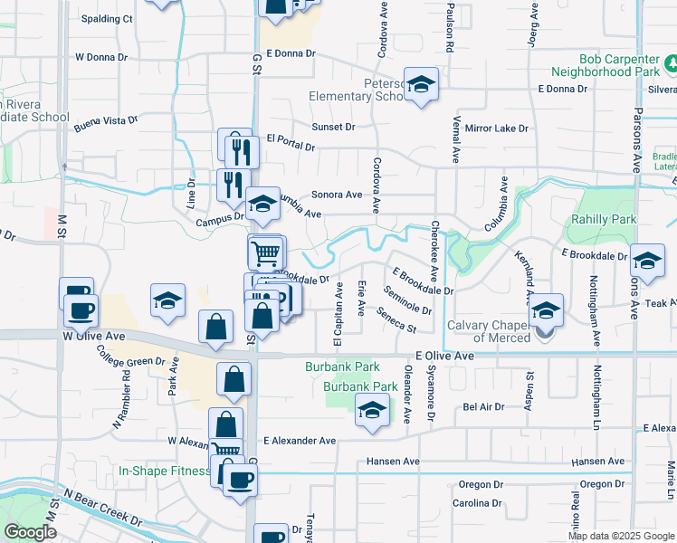 map of restaurants, bars, coffee shops, grocery stores, and more near 430 East Brookdale Drive in Merced