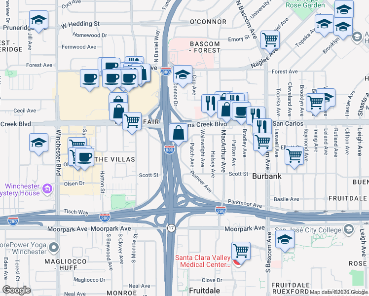 map of restaurants, bars, coffee shops, grocery stores, and more near 415 Hodges Avenue in San Jose