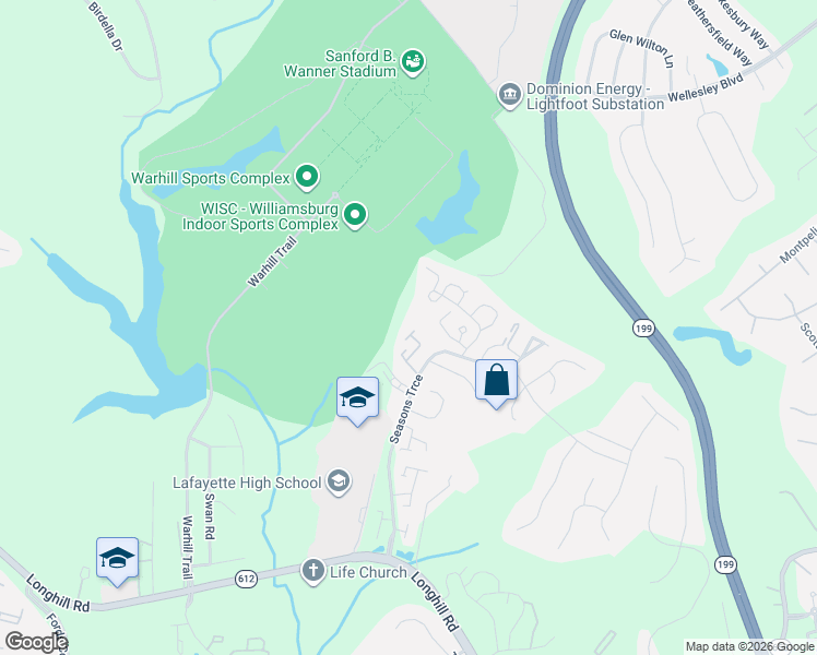 map of restaurants, bars, coffee shops, grocery stores, and more near 522 Spring Trace in Williamsburg