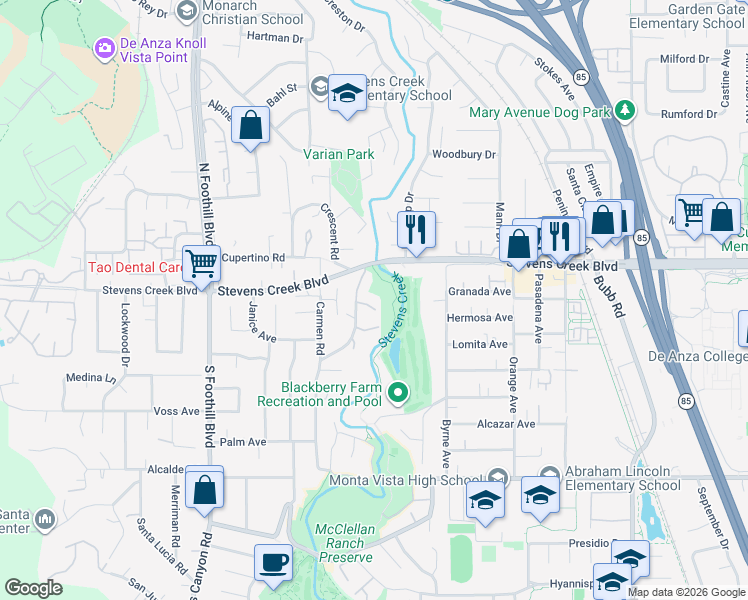 map of restaurants, bars, coffee shops, grocery stores, and more near 22103 Stocklmeir Court in Cupertino