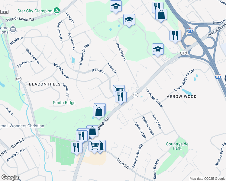 map of restaurants, bars, coffee shops, grocery stores, and more near 4955 North Lake Drive in Roanoke