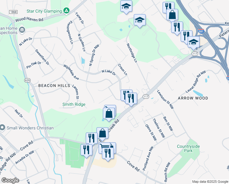 map of restaurants, bars, coffee shops, grocery stores, and more near 5007 Polly Hill Lane in Roanoke