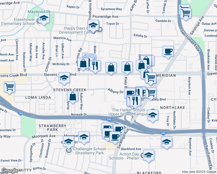 map of restaurants, bars, coffee shops, grocery stores, and more near 4320 Stevens Creek Boulevard in San Jose
