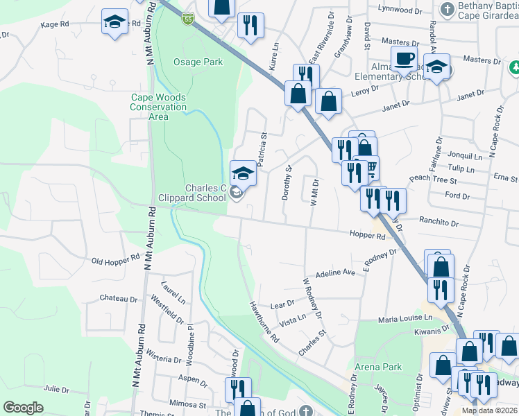 map of restaurants, bars, coffee shops, grocery stores, and more near 1050 Patricia Street in Cape Girardeau