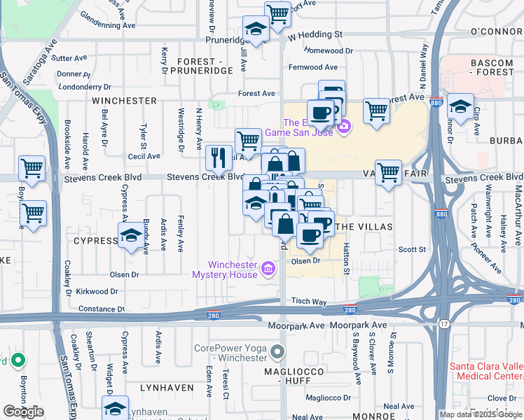 map of restaurants, bars, coffee shops, grocery stores, and more near 356 Santana Row in San Jose