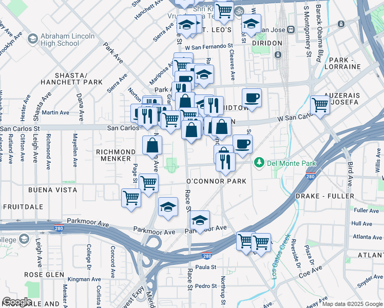map of restaurants, bars, coffee shops, grocery stores, and more near 398 Race Street in San Jose
