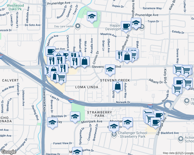 map of restaurants, bars, coffee shops, grocery stores, and more near 4802 Rio Vista Avenue in San Jose