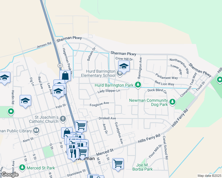 map of restaurants, bars, coffee shops, grocery stores, and more near 607 Lady Slipper Lane in Newman