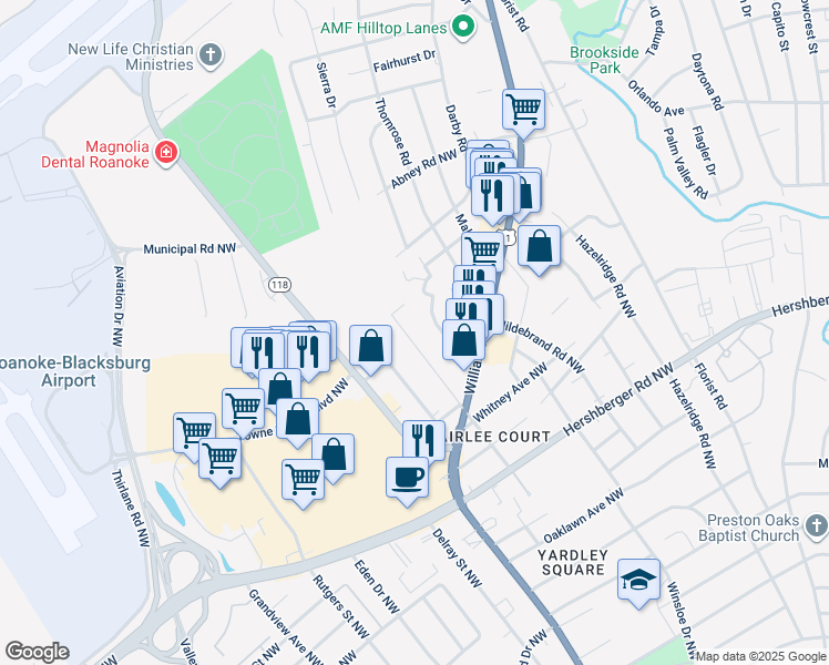 map of restaurants, bars, coffee shops, grocery stores, and more near 5303 Woodbury Street Northwest in Roanoke