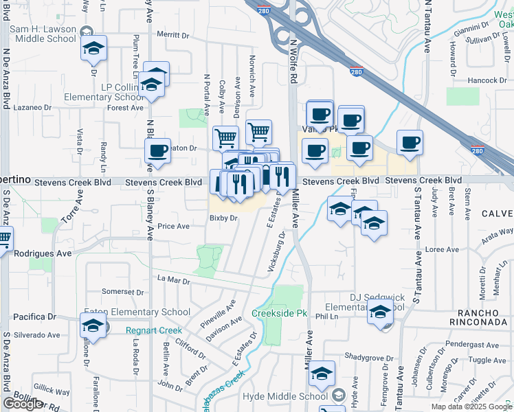 map of restaurants, bars, coffee shops, grocery stores, and more near 10101 Richwood Drive in Cupertino
