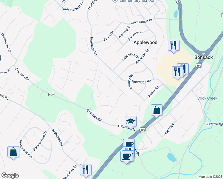 map of restaurants, bars, coffee shops, grocery stores, and more near 4715 Appletree Drive in Roanoke