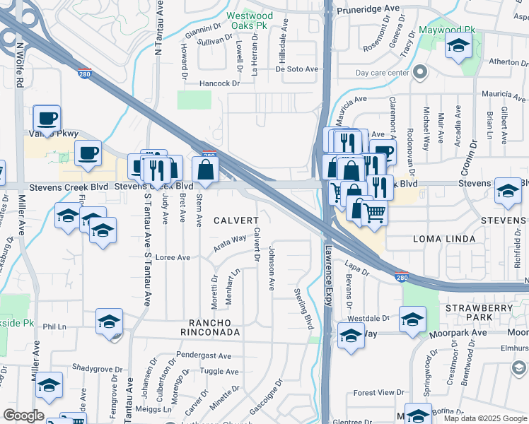 map of restaurants, bars, coffee shops, grocery stores, and more near 202 Calvert Drive in Cupertino